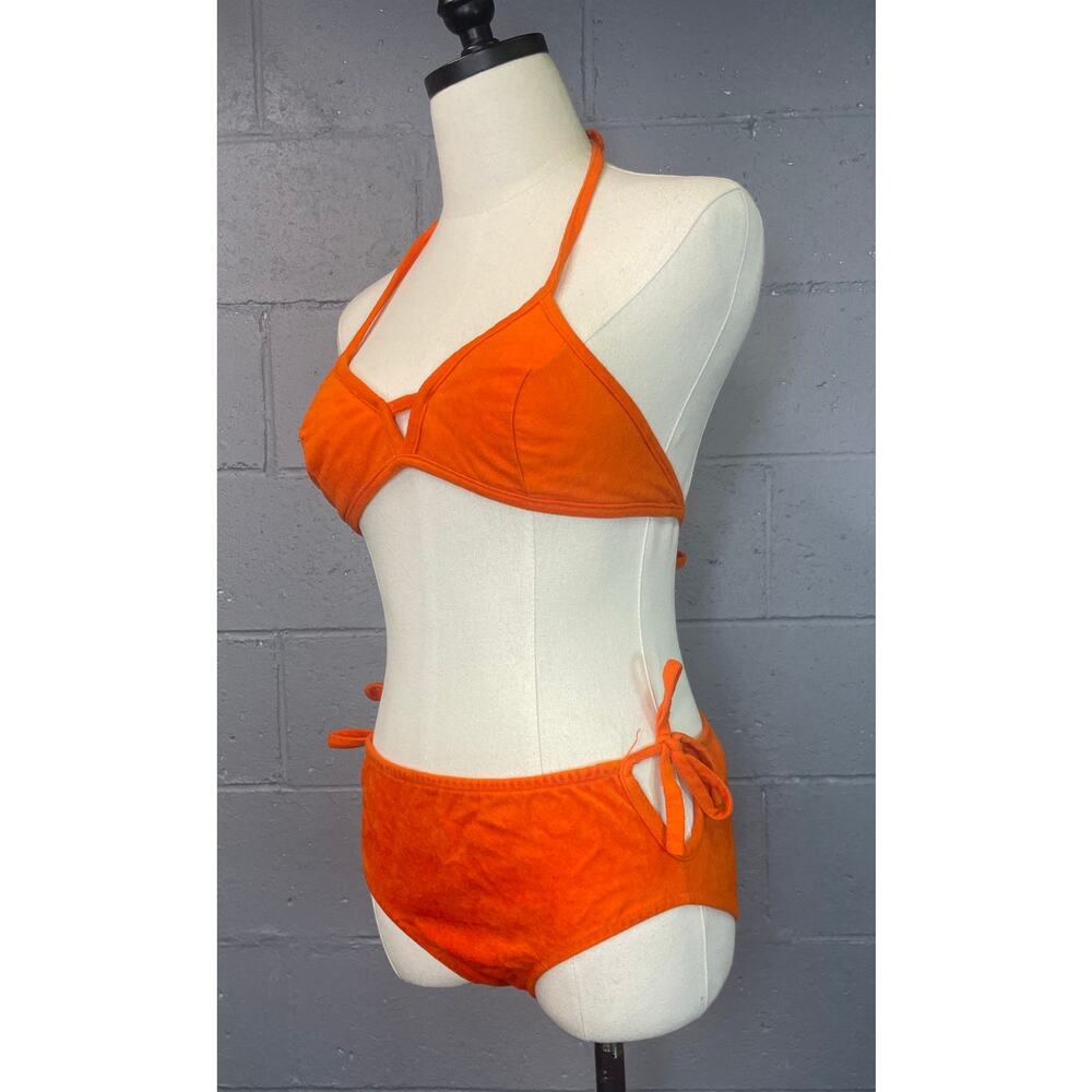 Vintage 1970s NWOT Orange Micro Suede String Bikini Mod XS Side Tie Low Rise